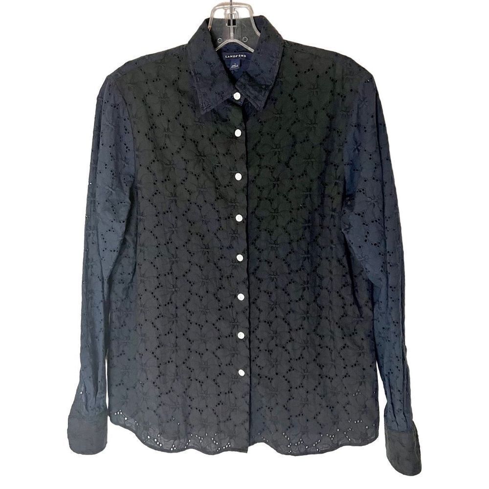 LANDS' END Eyelet Lace Long Sleeve Navy Blue Black Button Down Shirt Size Small